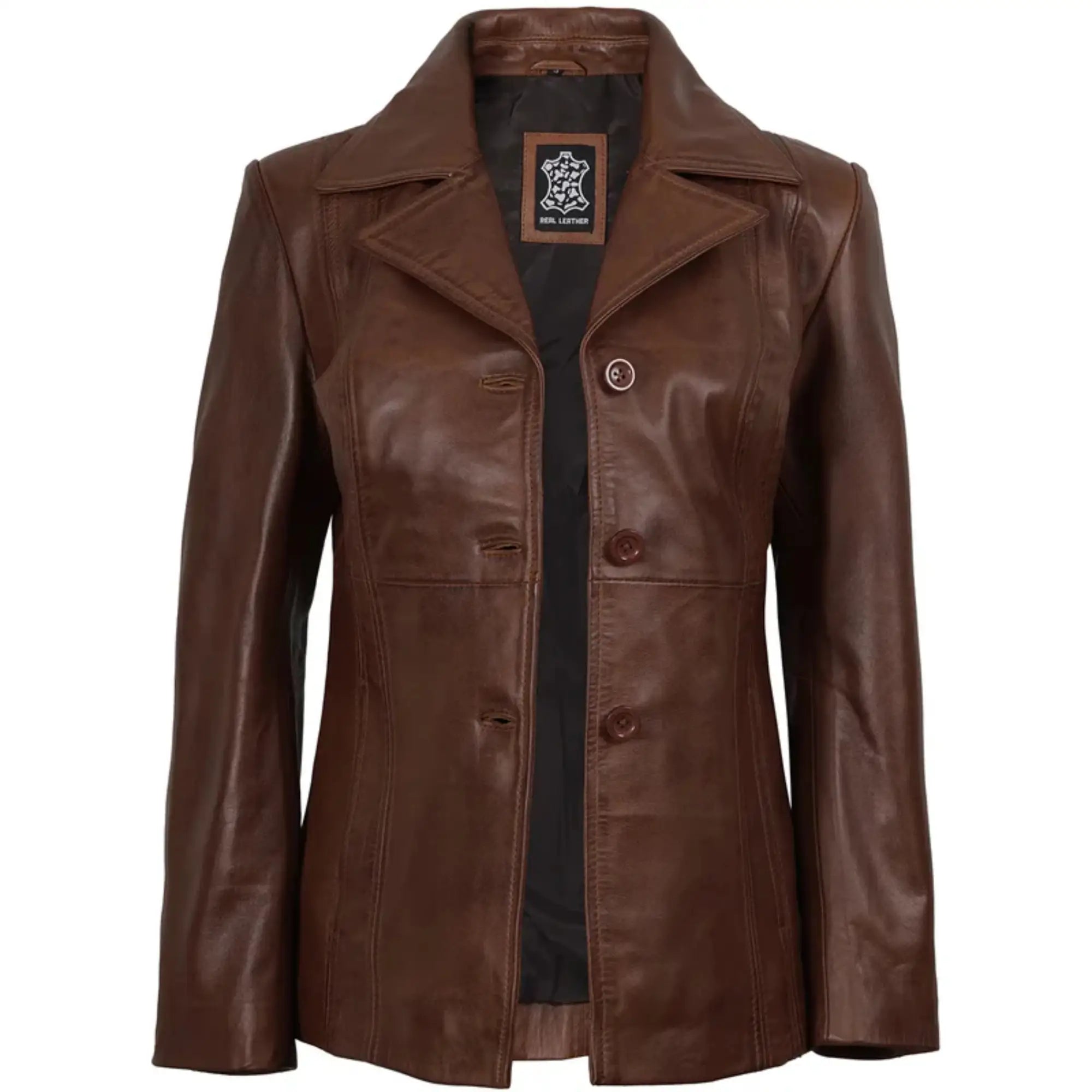 Women's Three Button Cognac Brown Leather Blazer