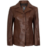 Women's Three Button Cognac Brown Leather Blazer