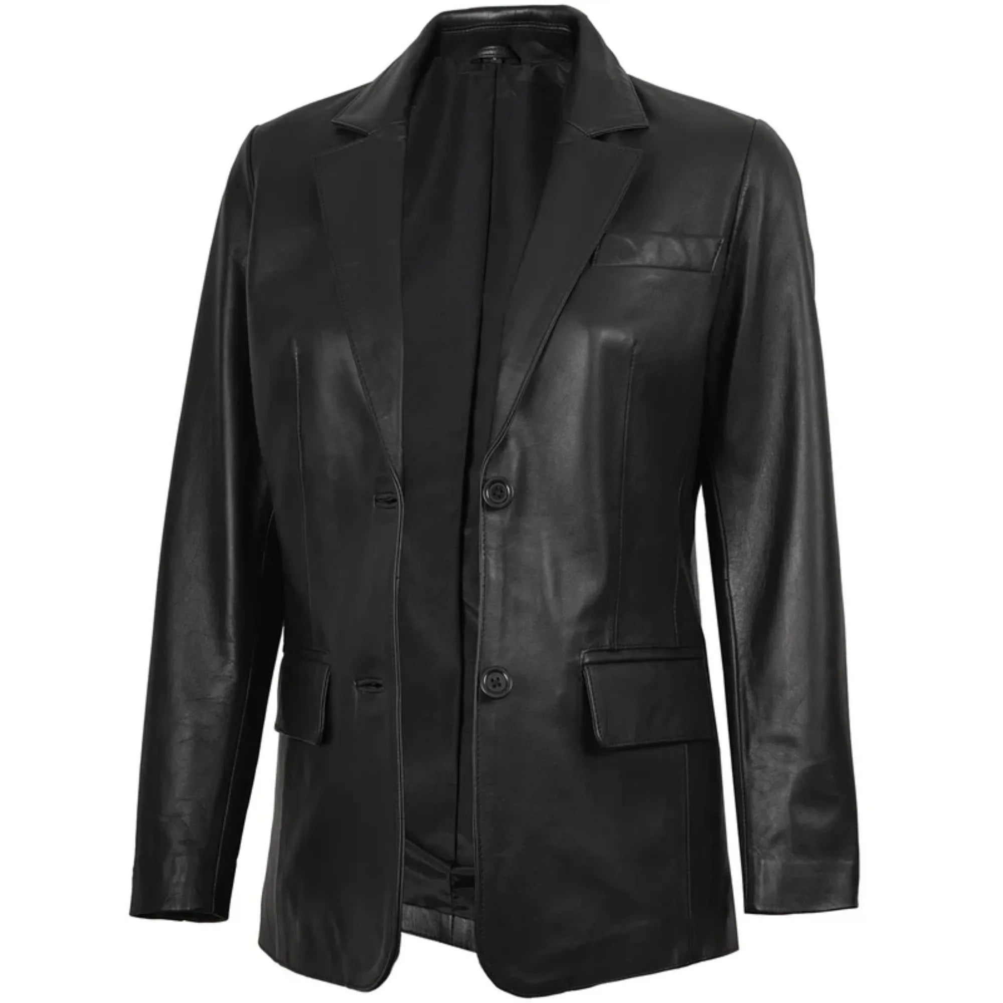 Women’s Two Button Black Leather Blazer