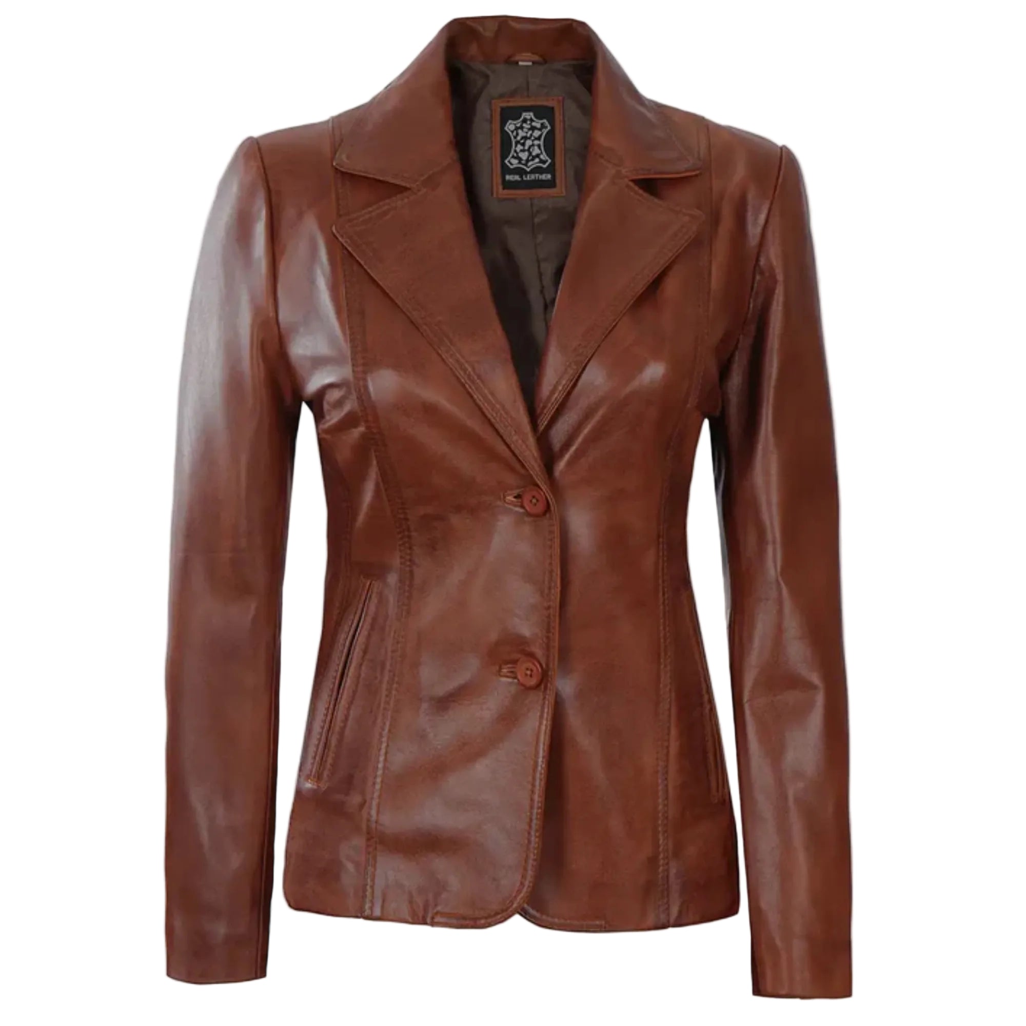 Women's Two Button Cognac Brown Leather Blazer