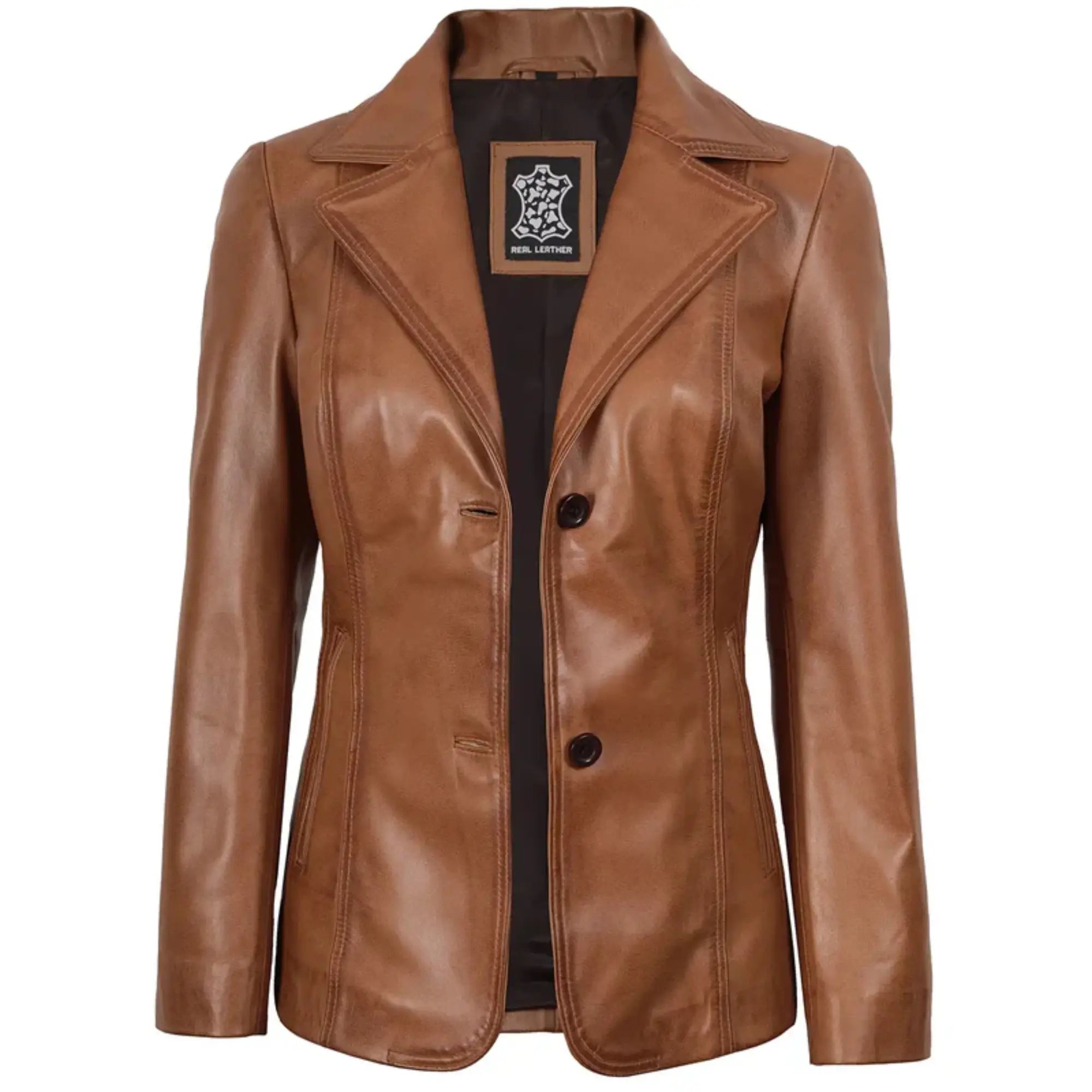 Women's Two Button Tan Brown Leather Blazer