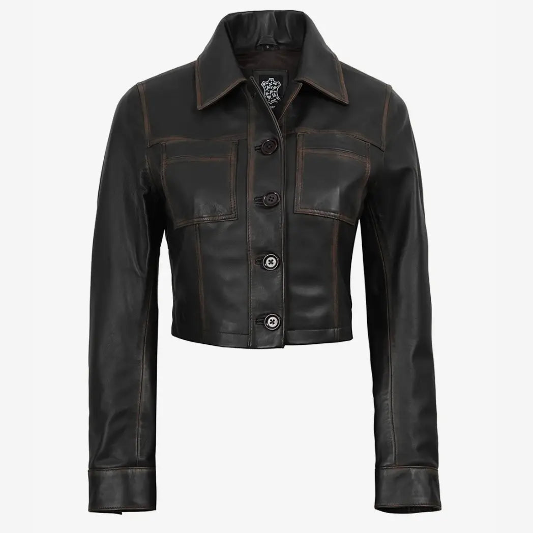 Women's Vintage Brown Cropped Lambskin Leather Jacket