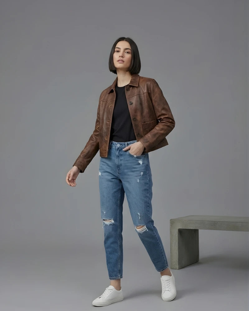 Women's Vintage Distressed Brown Cropped Leather Jacket
