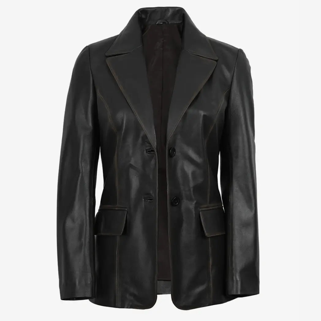 Women's Waxed Dark Brown Two Button Real Leather Blazer