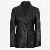 Women's Waxed Dark Brown Two Button Real Leather Blazer