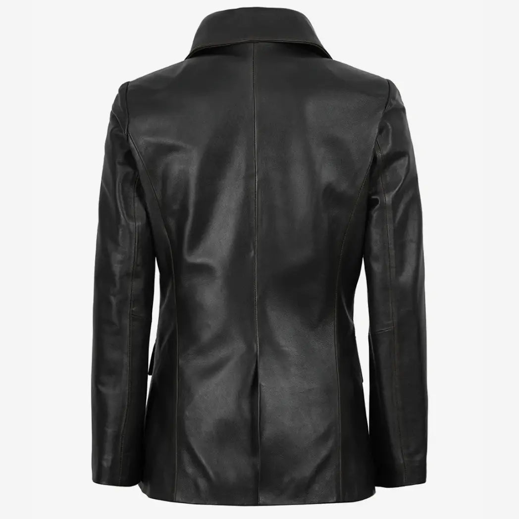 Women's Waxed Dark Brown Two Button Real Leather Blazer