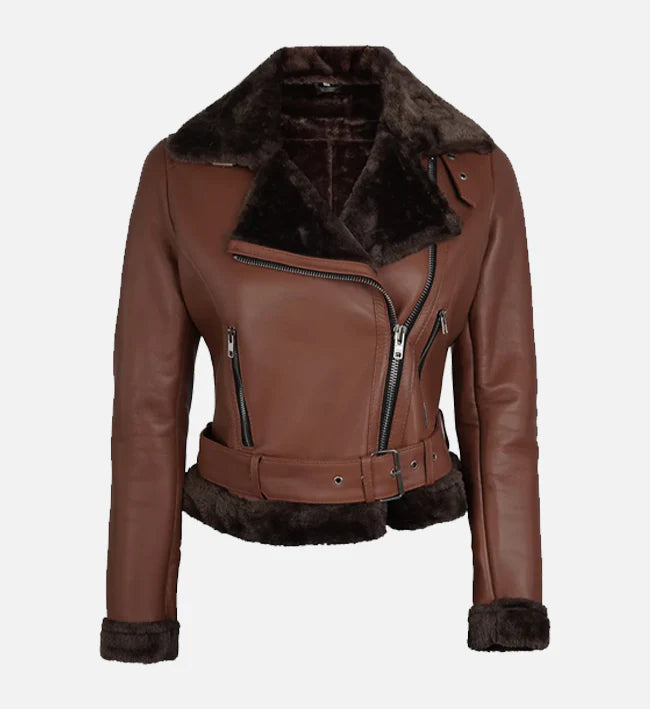 Women's Biker Brown Shearling Leather Jacket