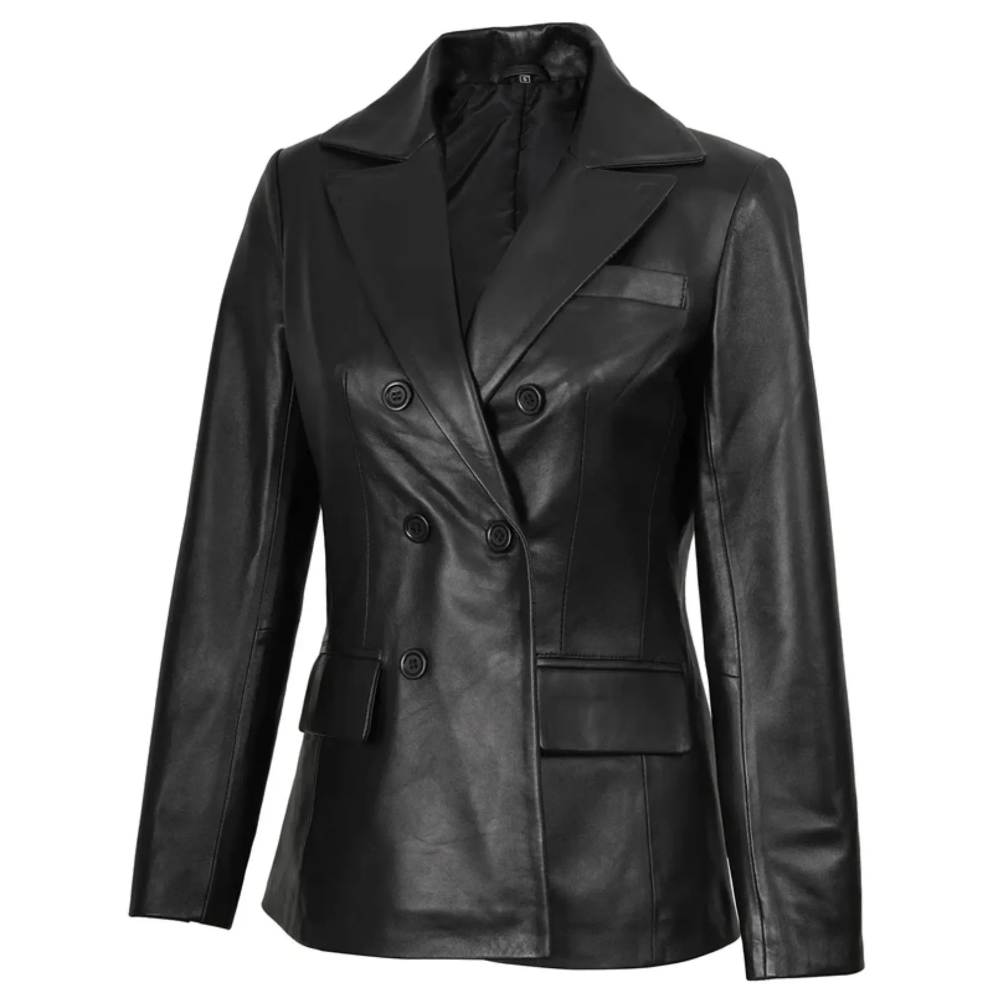 Women's Black Double Breasted Leather Blazer