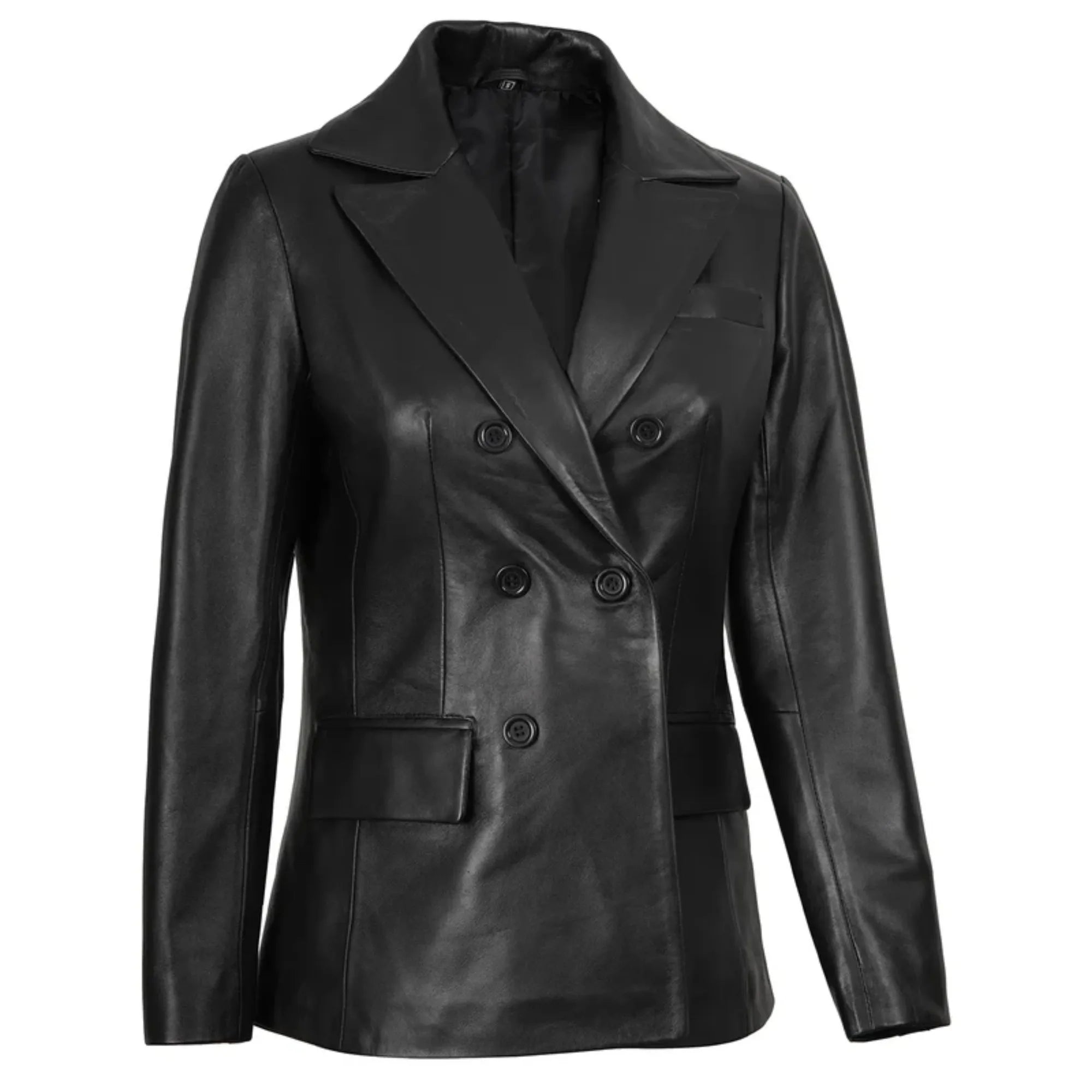 Women's Black Double Breasted Leather Blazer