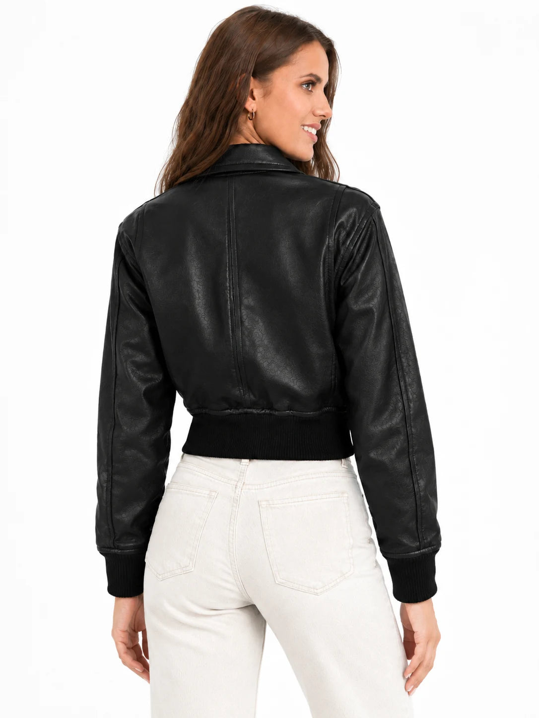 Women's Black Leather Cropped Style Bomber Jacket