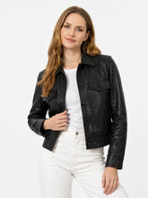 Women’s black leather trucker jacket with a pointed shirt collar, matching front buttons and two button-flap chest pockets.