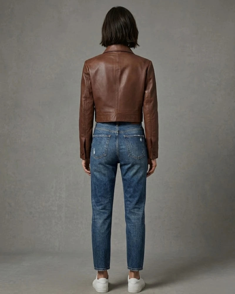 Women's Brown Cropped Leather Trucker Jacket