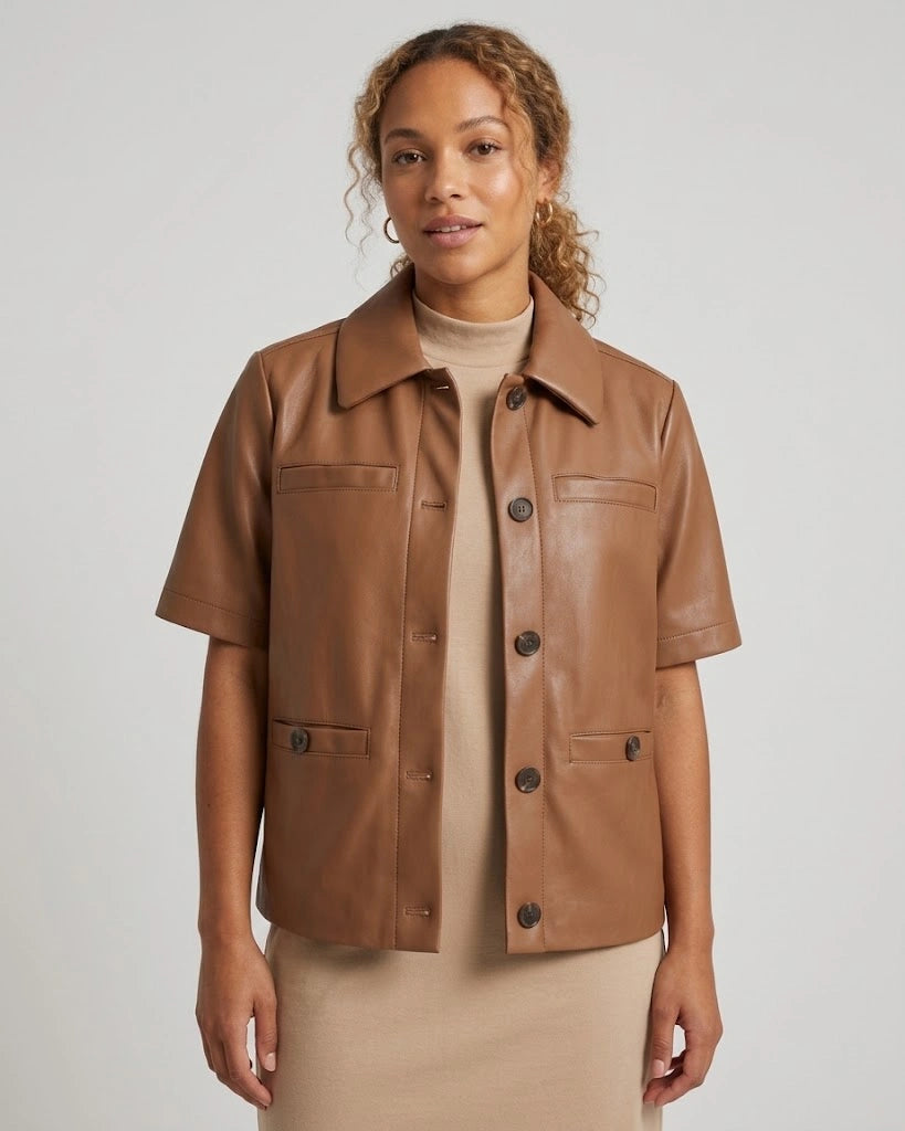 Women's Brown Short Sleeve Faux Leather Shirt