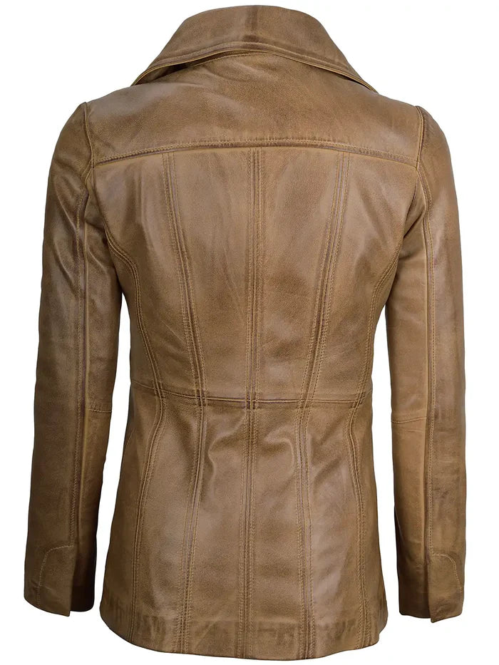 Women's Camel Brown Long Leather Blazer