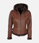 Women's Cognac Brown Hooded Shearling Jacket