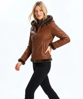 Women's Cognac Brown Hooded Shearling Jacket