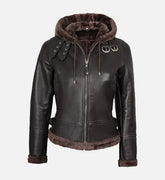 Women's Dark Brown Hooded Shearling Leather Jacket
