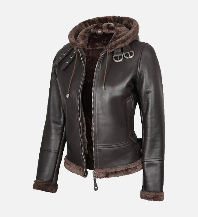 Women's Dark Brown Hooded Shearling Leather Jacket