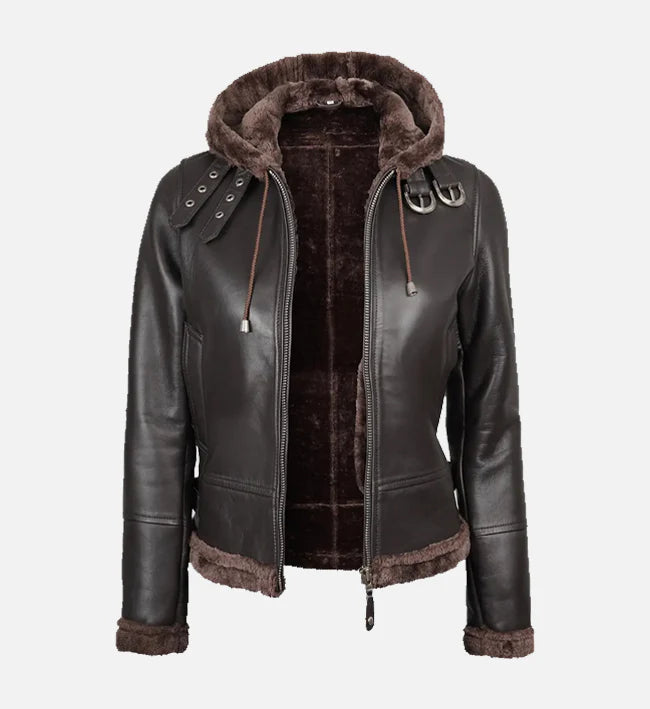 Women's Dark Brown Hooded Shearling Leather Jacket