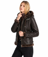 Women's Dark Brown Hooded Shearling Leather Jacket