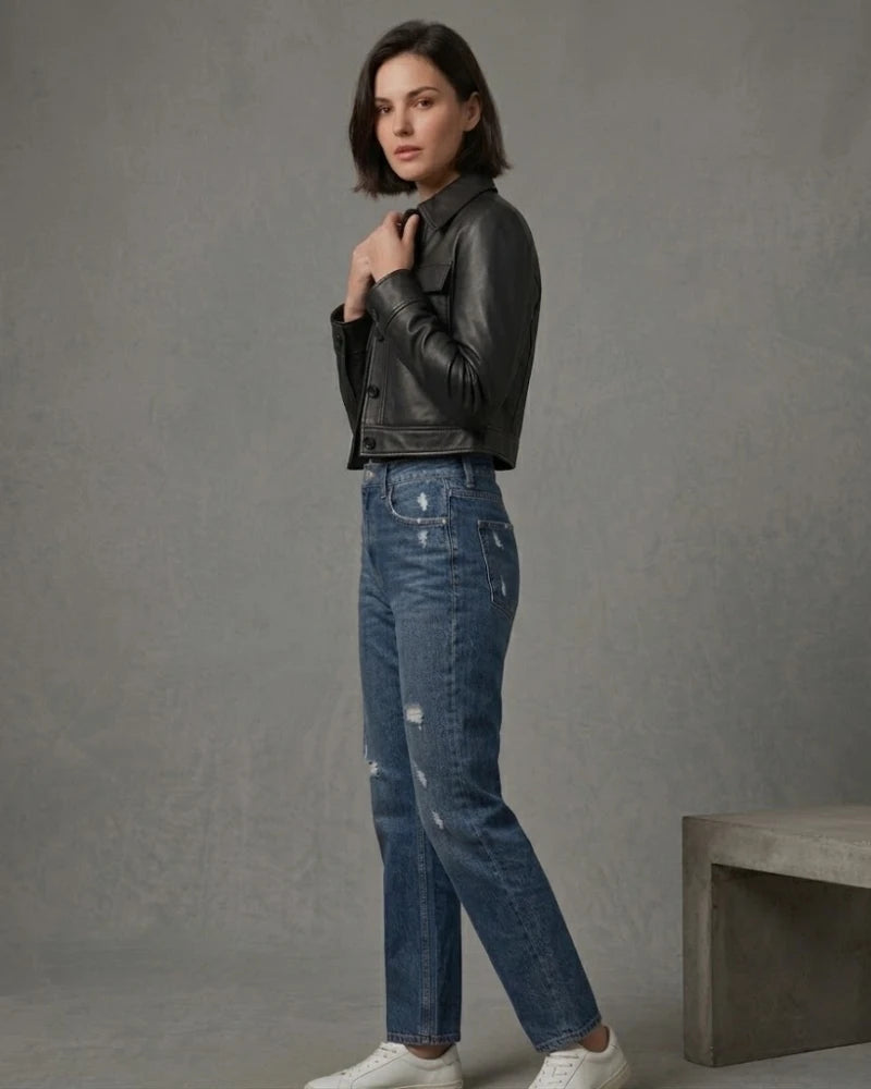 Women's Leather Black Cropped Trucker Jacket