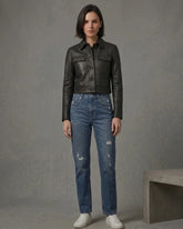 Women's Leather Black Cropped Trucker Jacket
