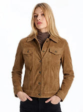 Women's Light Brown Suede Leather Trucker Jacket