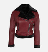 Women's Maroon Biker Shearling Leather Jacket