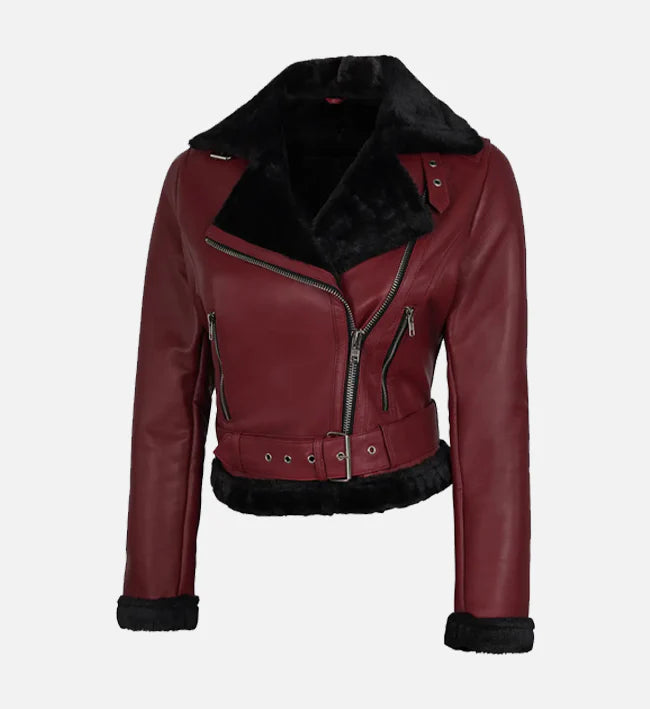 Women's Maroon Biker Shearling Leather Jacket