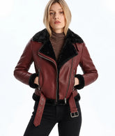 Women's Maroon Biker Shearling Leather Jacket