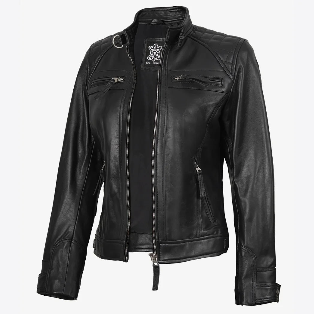 Women's Petite Black Quilted Biker Style Leather Jacket