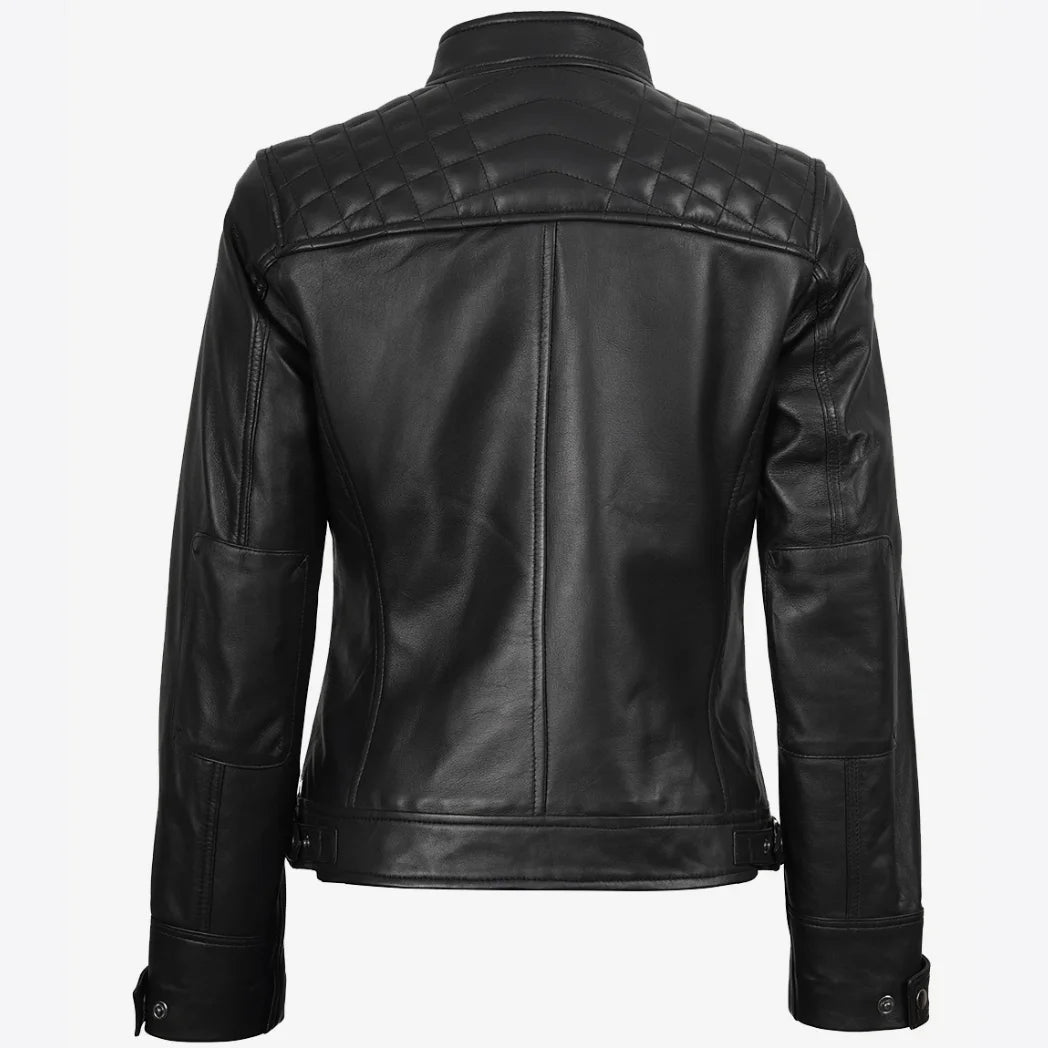 Women's Petite Black Quilted Biker Style Leather Jacket