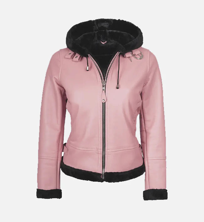 Women's Pink Hooded Shearling Jacket