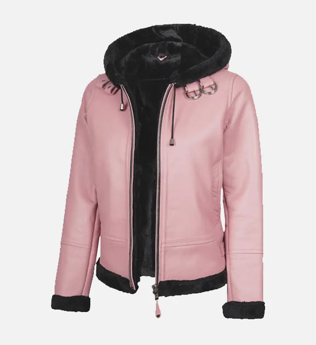 Women's Pink Hooded Shearling Jacket