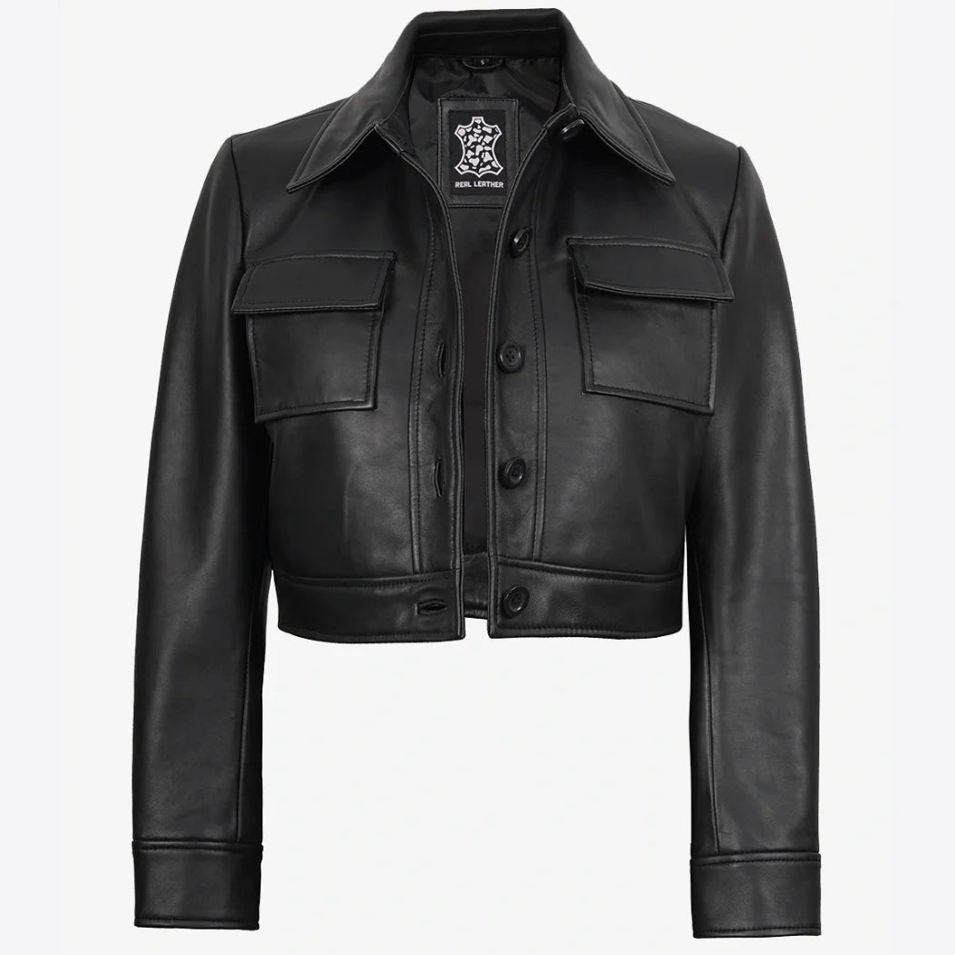 Women's Real Lambskin Leather Black Cropped Trucker Jacket