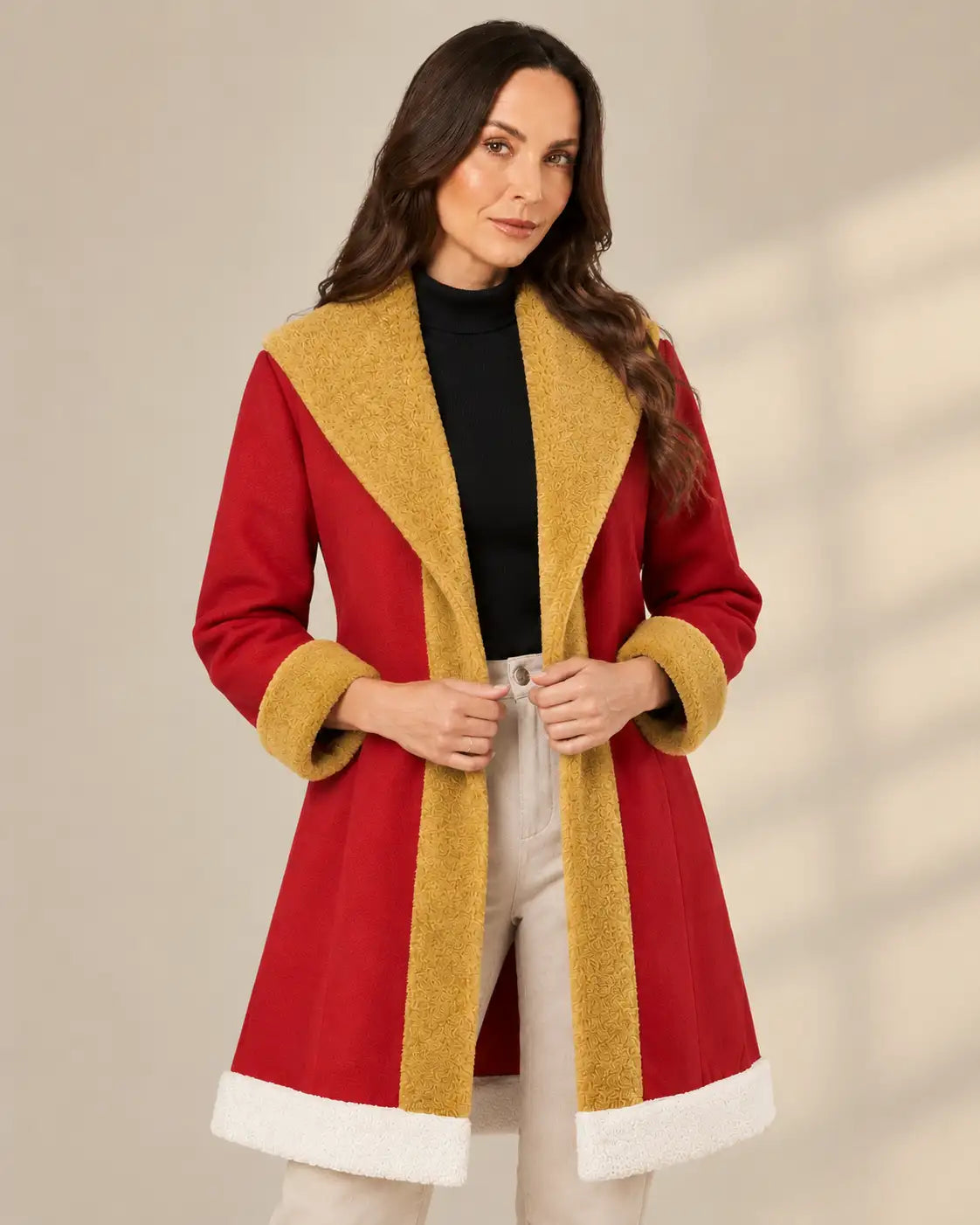 Women's Red Santa Claus Suede Leather Coat