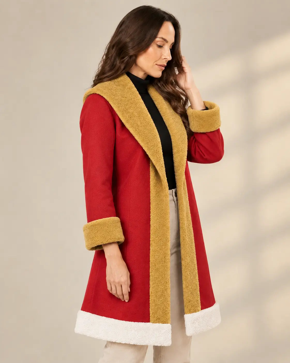 Women's Red Santa Claus Suede Leather Coat