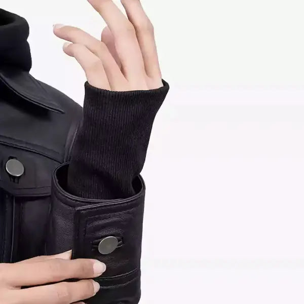 Women Black Bomber Leather Jacket with Removable Hood