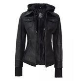 Women Black Bomber Leather Jacket with Removable Hood