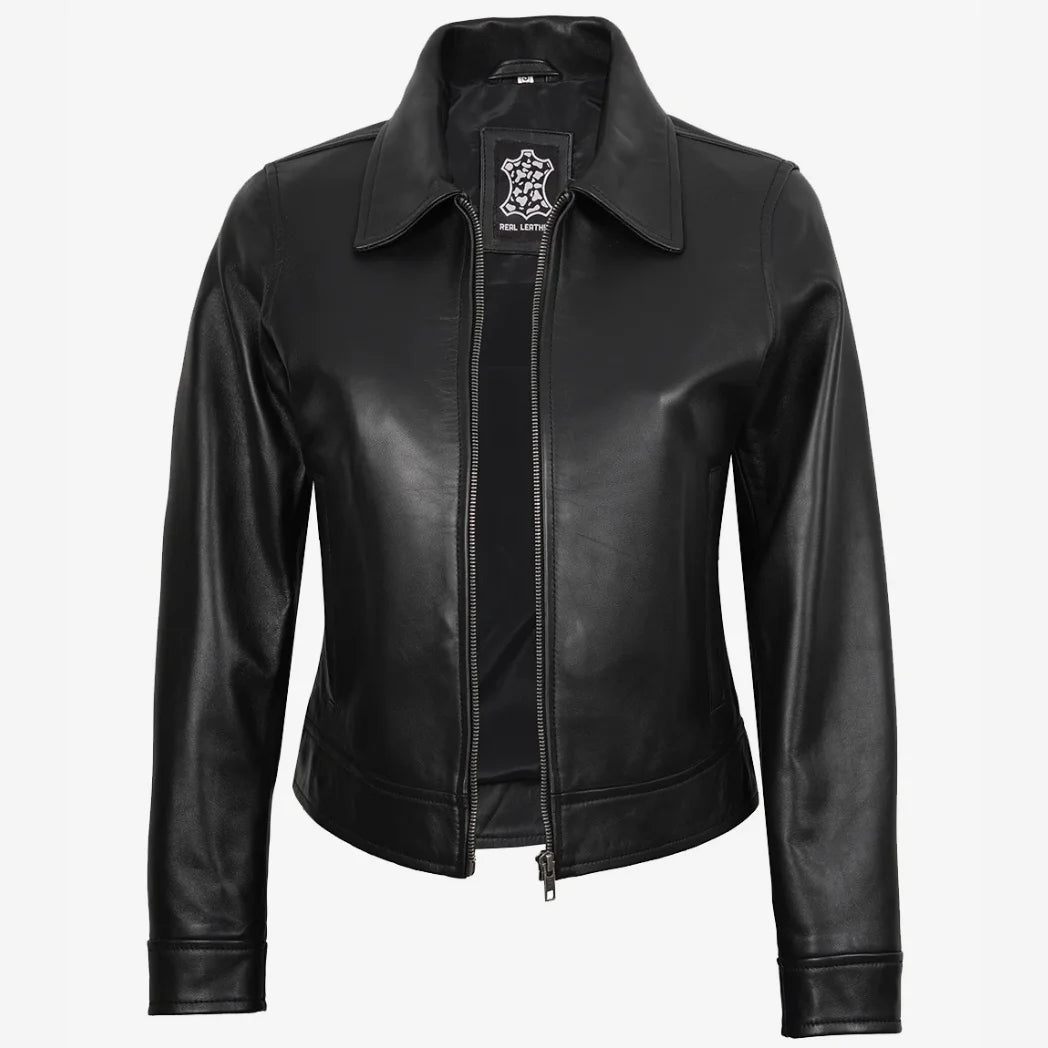 Women's Black Shirt Collar Harrington Leather Jacket