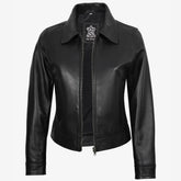 Women's Black Shirt Collar Harrington Leather Jacket