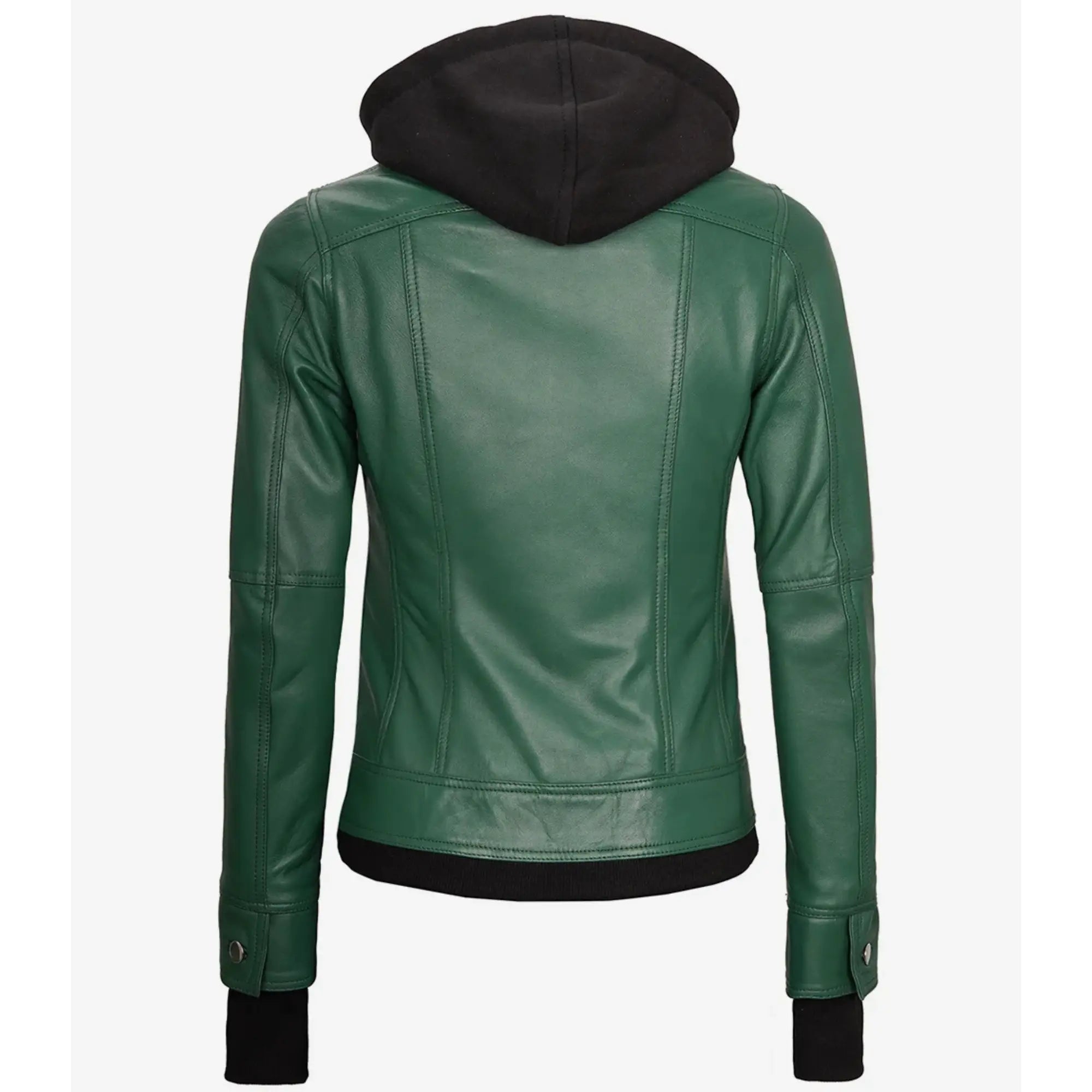 Green leather jacket with black hood on a white background