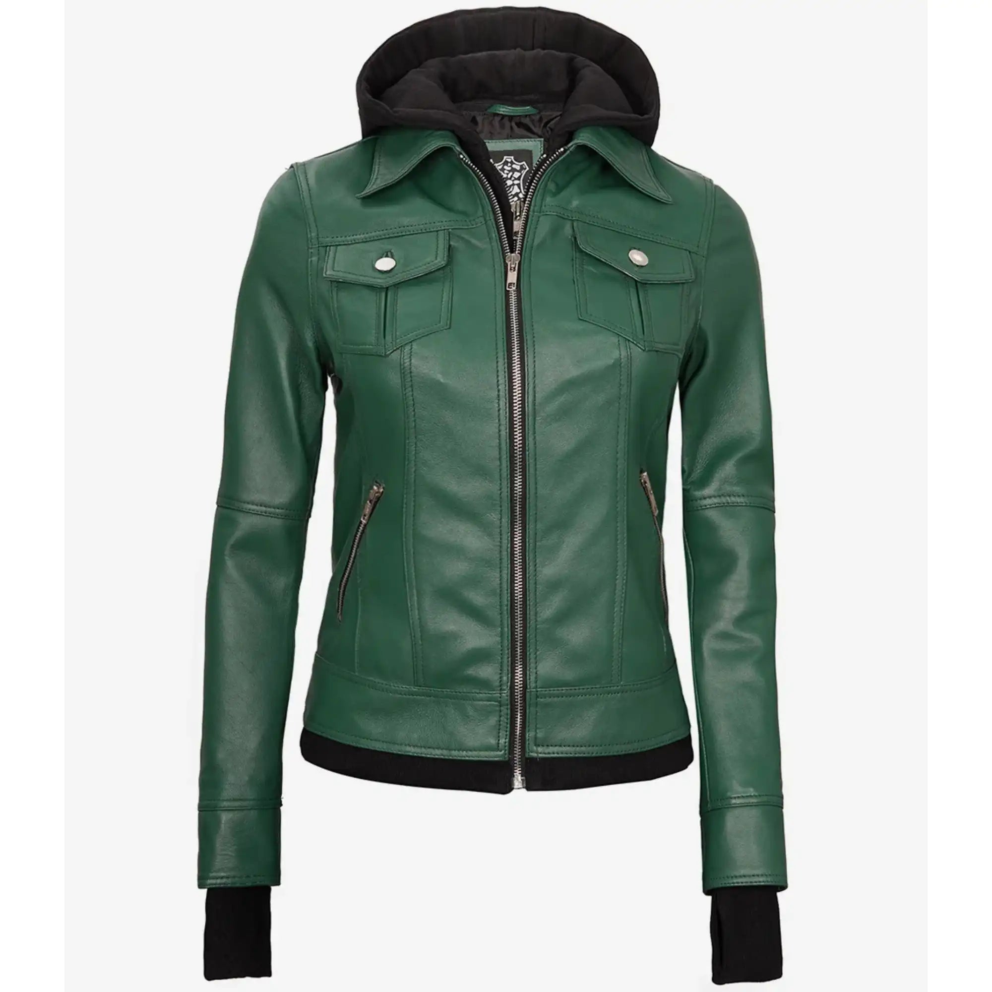 Green leather jacket with black trim on a white background