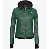Green leather jacket with black trim on a white background