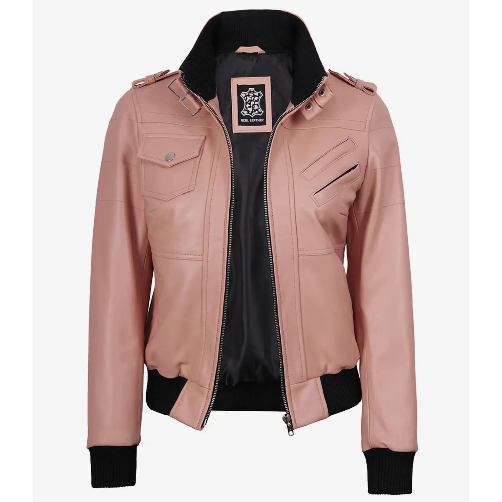Pink leather jacket with black accents on a white background