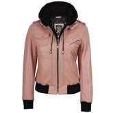 Pink leather jacket with black accents on a white background