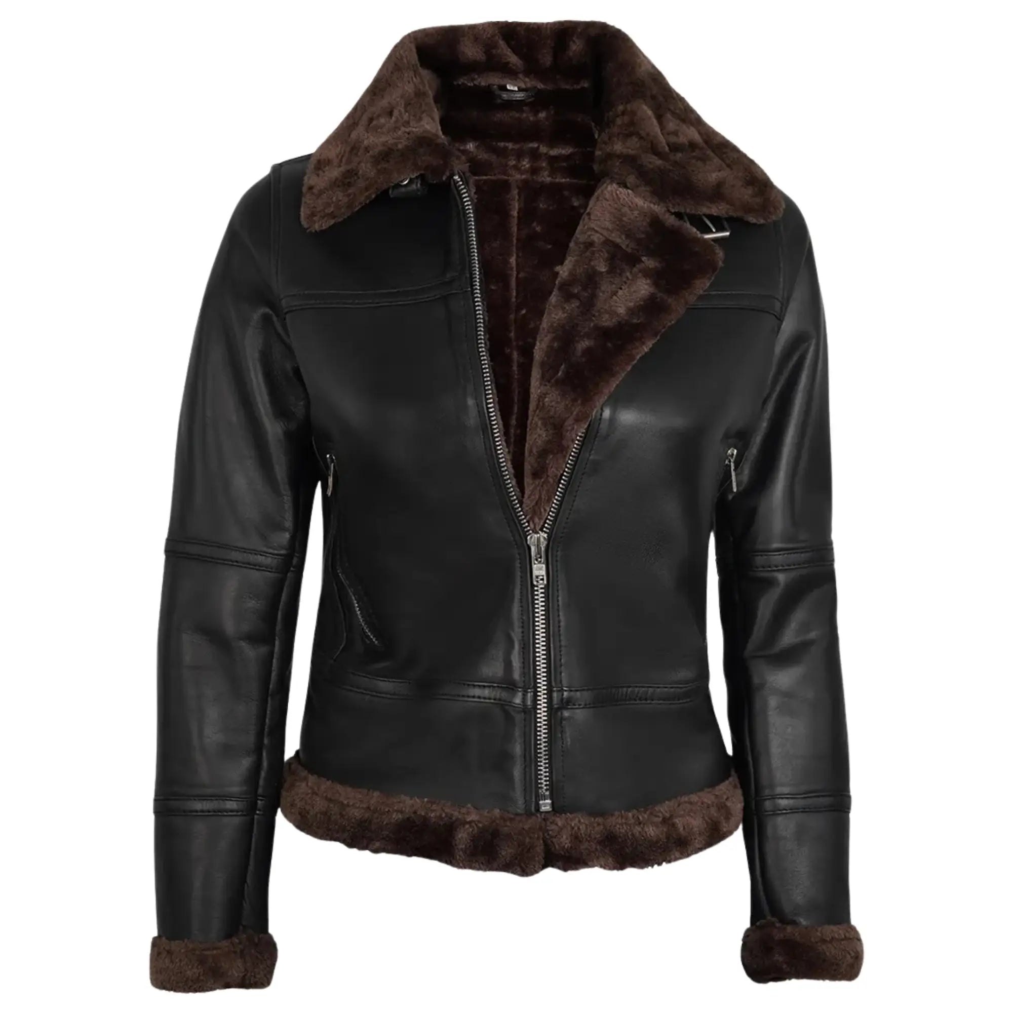 Black leather jacket with brown fur collar and cuffs on a white background