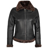 Black leather jacket with brown fur trim on a white background
