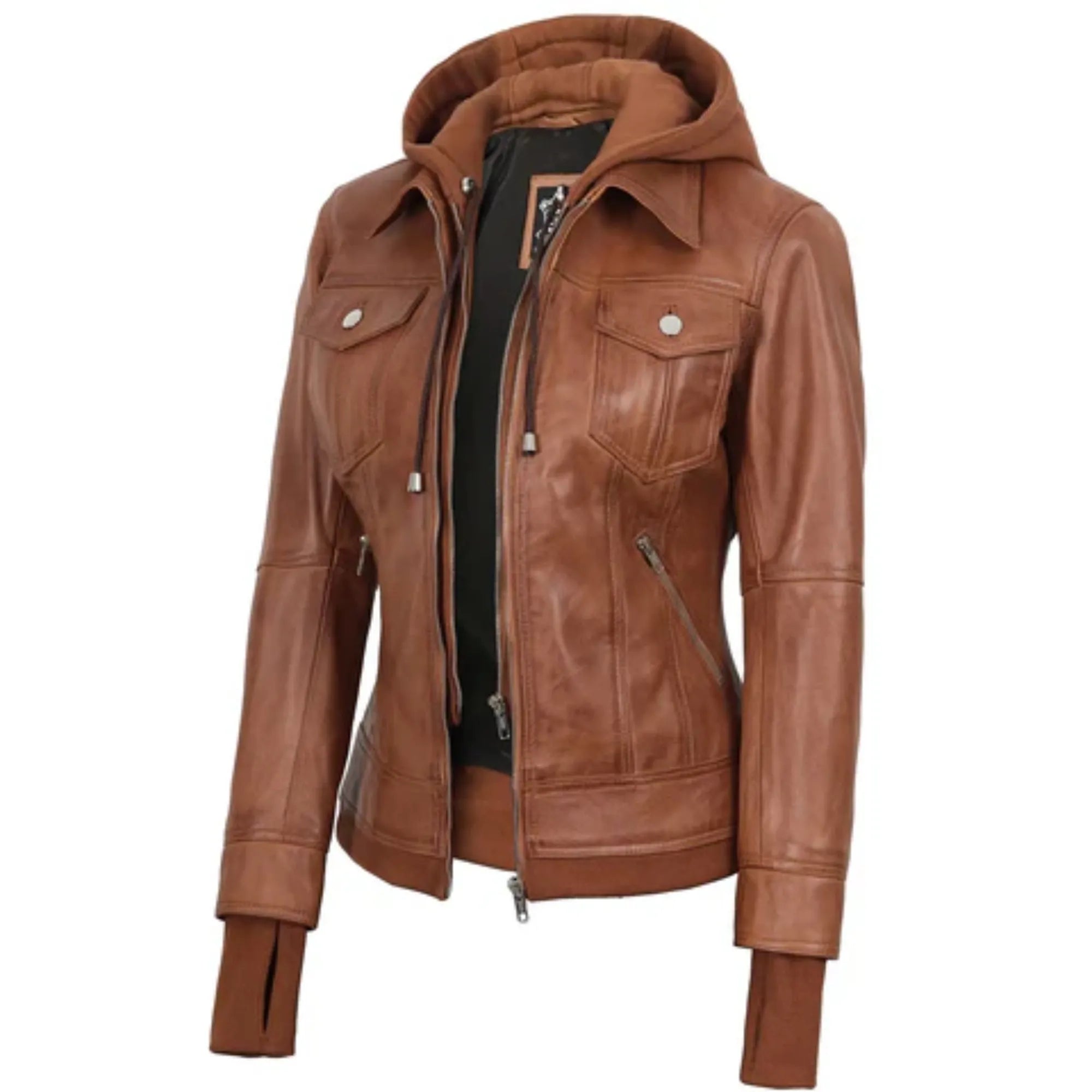 Brown leather jacket with a hood on a white background