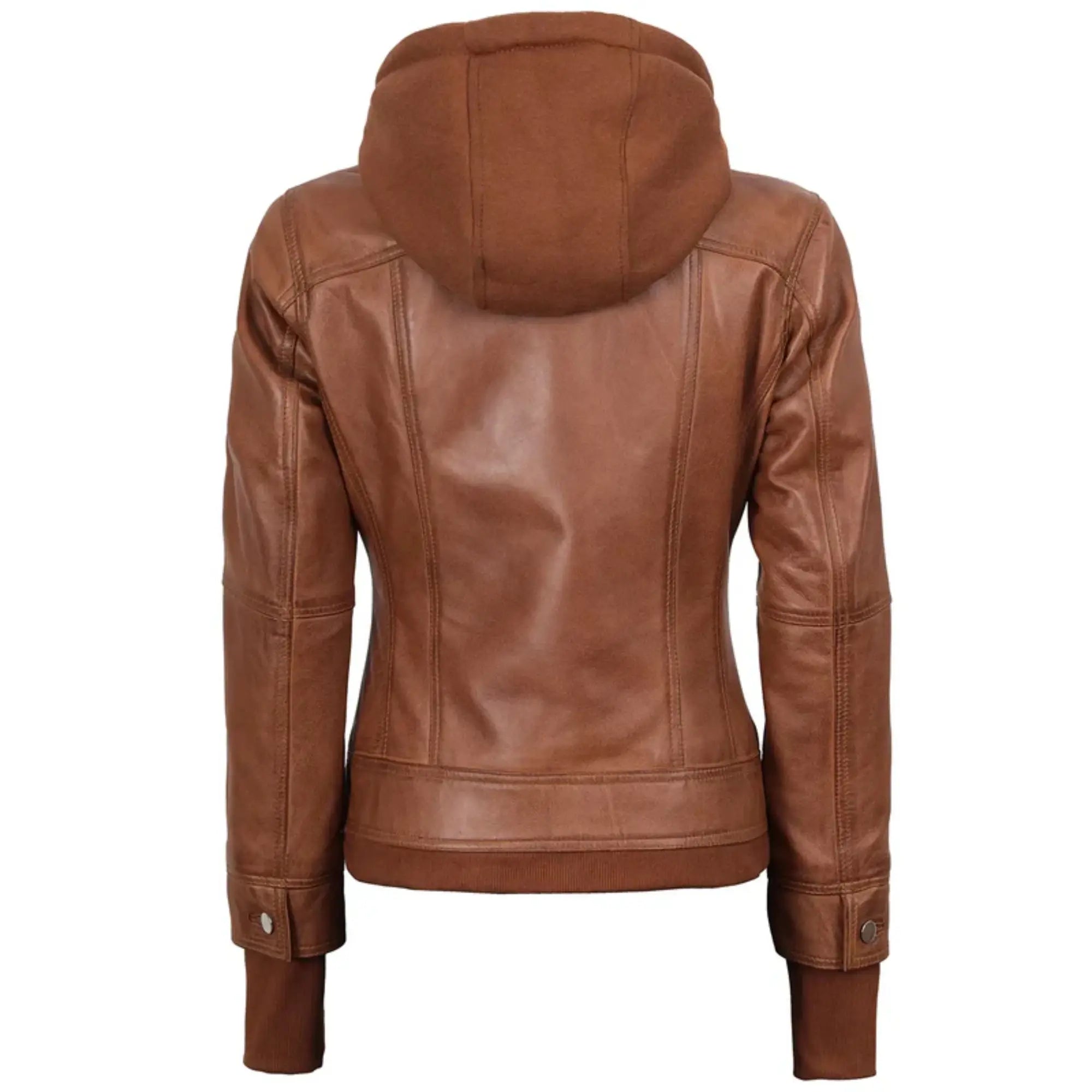 Brown leather jacket with a hood on a white background